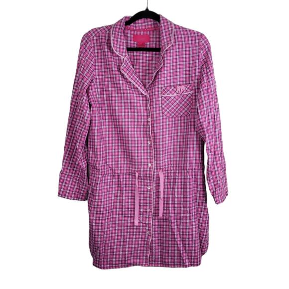 Victoria's Secret Pink Plaid Button Front Drawstring Sleep Shirt Small Nightgown - Picture 1 of 10